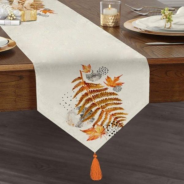 Fall Trend Table Runner|High Quality Triangle Chenille Table Runner|Gold Leaves Tabletop|Farmhouse Tabletop|Leaves Drawings Tasseled Runner