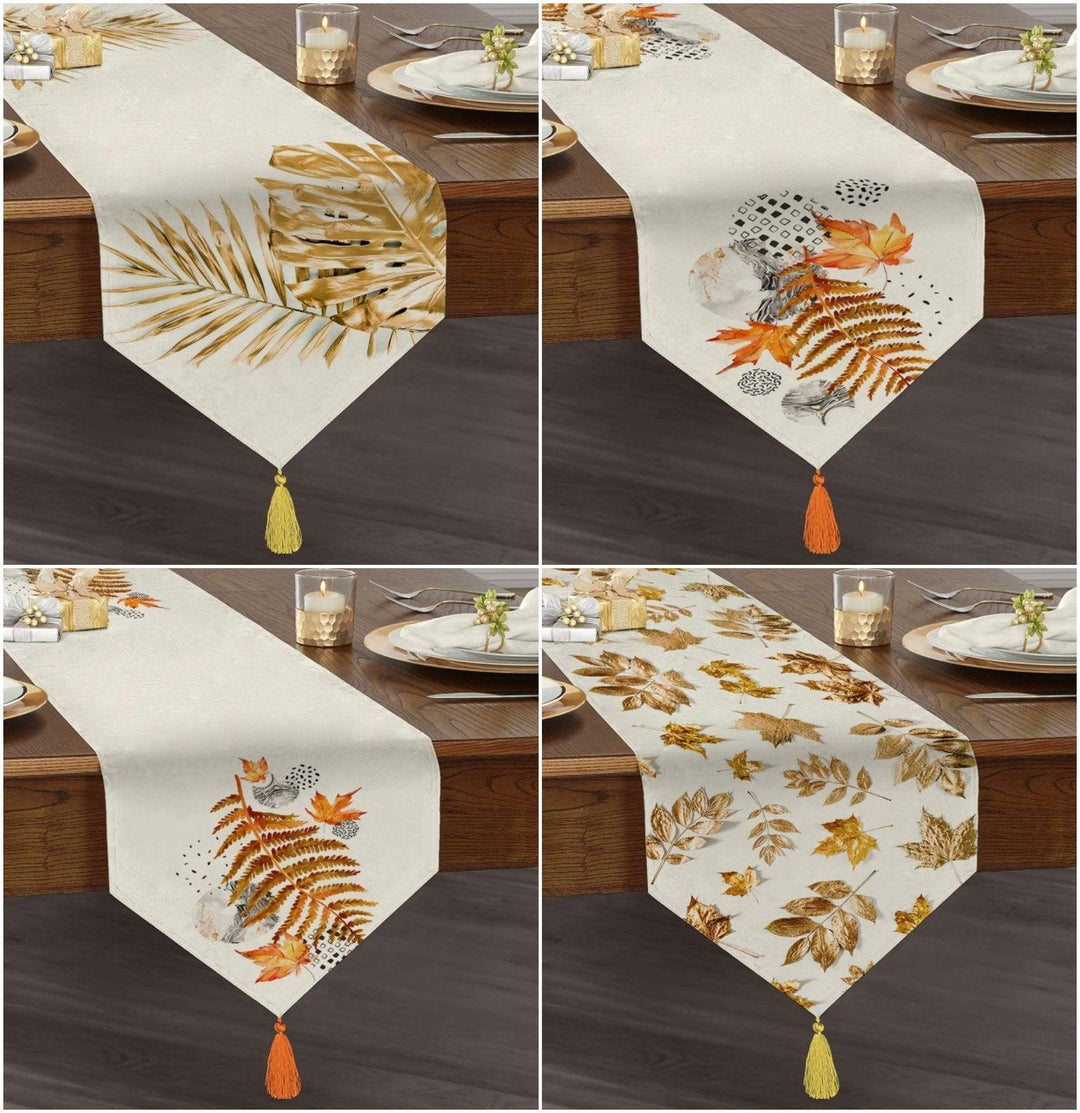 Fall Trend Table Runner|High Quality Triangle Chenille Table Runner|Gold Leaves Tabletop|Farmhouse Tabletop|Leaves Drawings Tasseled Runner