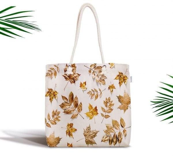 Gold Color Leaves Fabric Bag|Gold White Shoulder Bag|Cosmetic Bag On White Background|Beach Bag|Custom Wedding Gift|Gift for Her