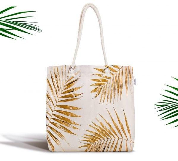 Gold Color Leaves Fabric Bag|Gold White Shoulder Bag|Cosmetic Bag On White Background|Beach Bag|Custom Wedding Gift|Gift for Her