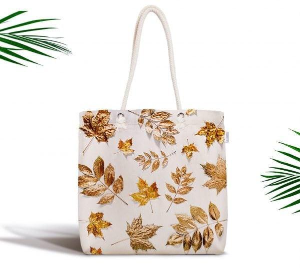 Gold Color Leaves Fabric Bag|Gold White Shoulder Bag|Cosmetic Bag On White Background|Beach Bag|Custom Wedding Gift|Gift for Her