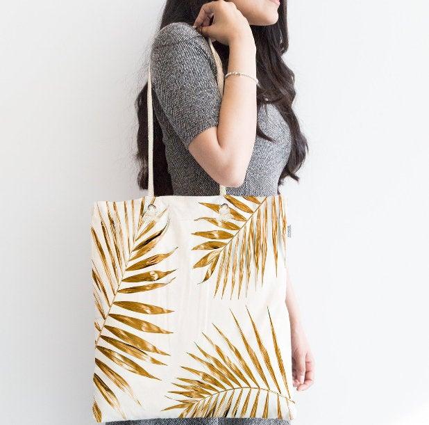 Gold Color Leaves Fabric Bag|Gold White Shoulder Bag|Cosmetic Bag On White Background|Beach Bag|Custom Wedding Gift|Gift for Her