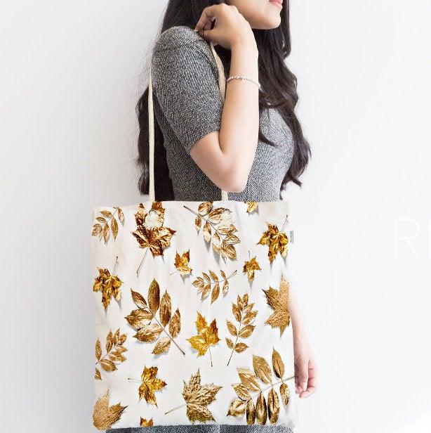 Gold Color Leaves Fabric Bag|Gold White Shoulder Bag|Cosmetic Bag On White Background|Beach Bag|Custom Wedding Gift|Gift for Her