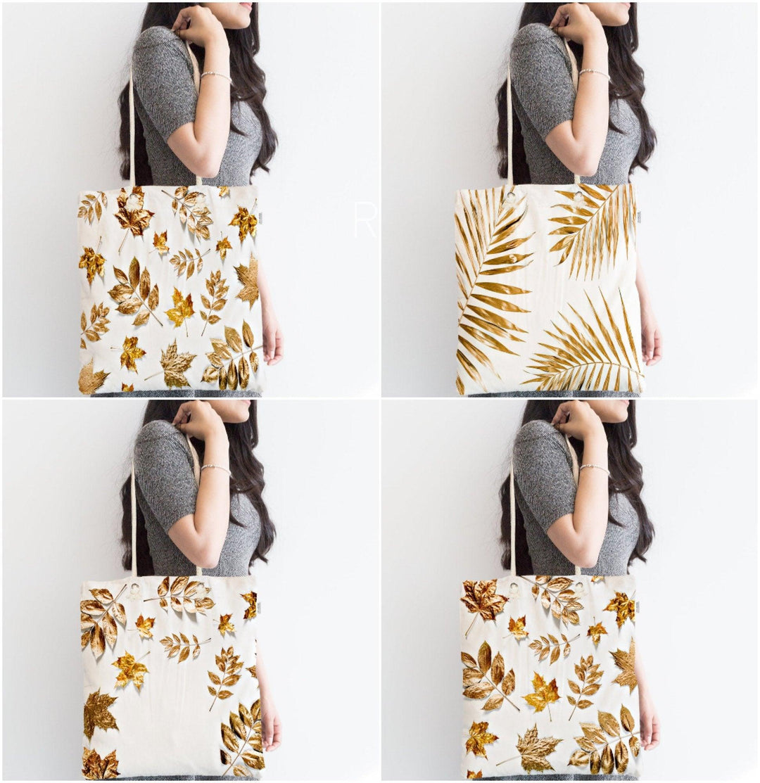 Gold Color Leaves Fabric Bag|Gold White Shoulder Bag|Cosmetic Bag On White Background|Beach Bag|Custom Wedding Gift|Gift for Her