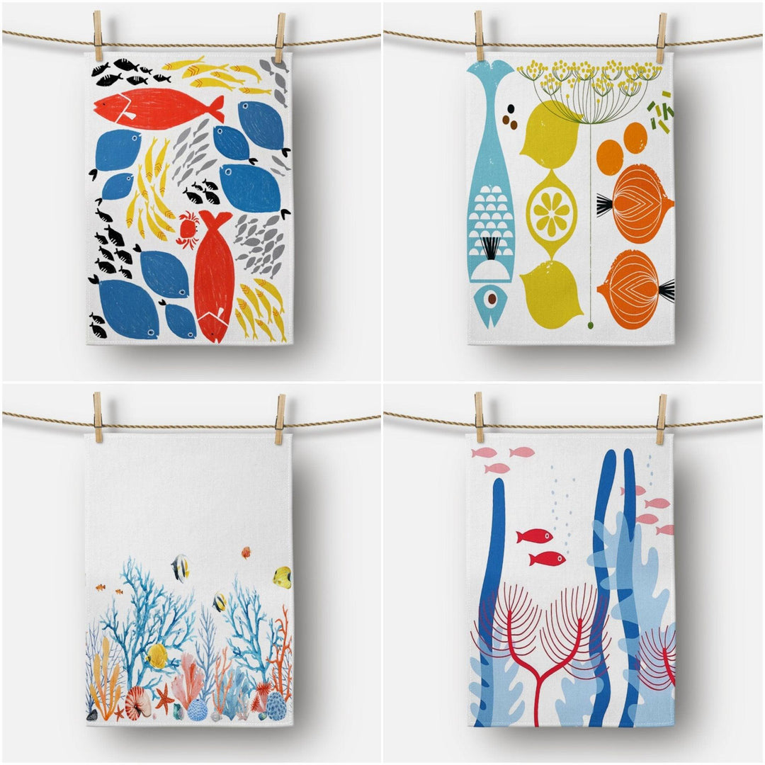 Nautical Kitchen Towel|Red, Blue and Black Fish Dish Towel|Lemon Tea Towel|Summer Trend Hand Towel|Coral and Starfish Towel for Restaurant