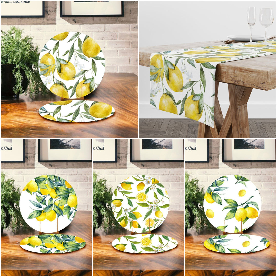 Lemon Placemat & Table Runner|Floral Lemon Table Top|Set of 2 Lemon Supla Table Mat|Round American Service Dining Underplate|Lemon Coasters