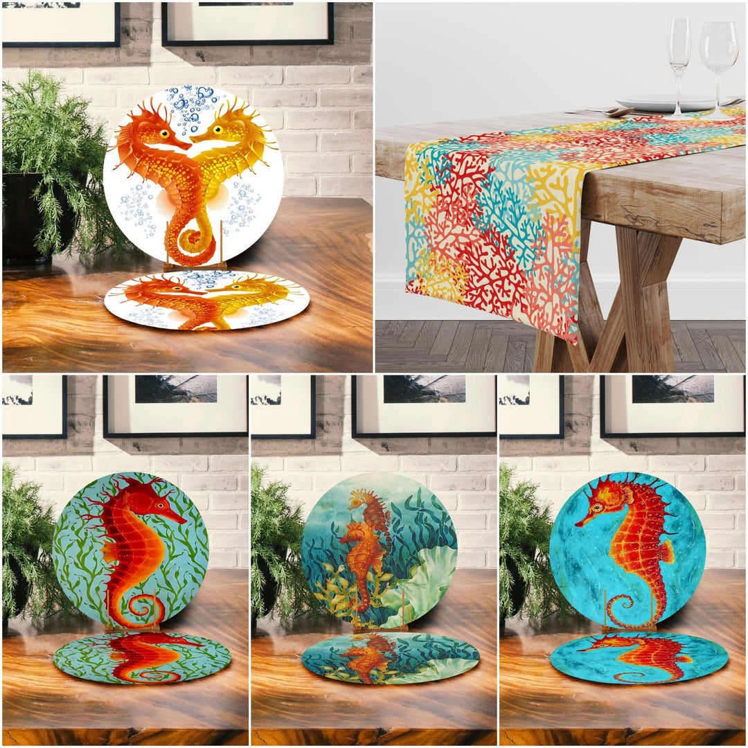 Seahorse Placemat & Table Runner|Nautical Table Top|Set of 2 Seahorse Supla Table Mat|Round American Service Dining Underplate and Coasters