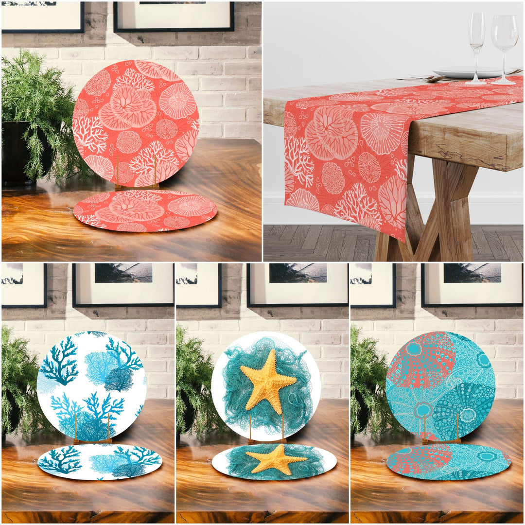 Coral Placemat & Table Runner|Starfish Table Top|Set of 2 Beach House Supla Table Mat|Round American Service Dining Underplate and Coasters