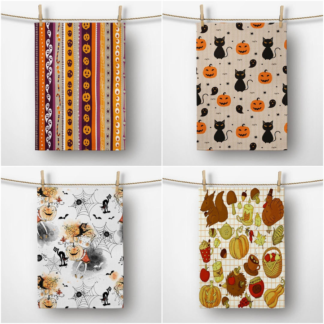 Halloween Kitchen Towel|Carved Pumpkin and Black Cat Dish Towel|Watercolored Halloween Towel|Decorative Halloween Towel|Autumn Trend Towel