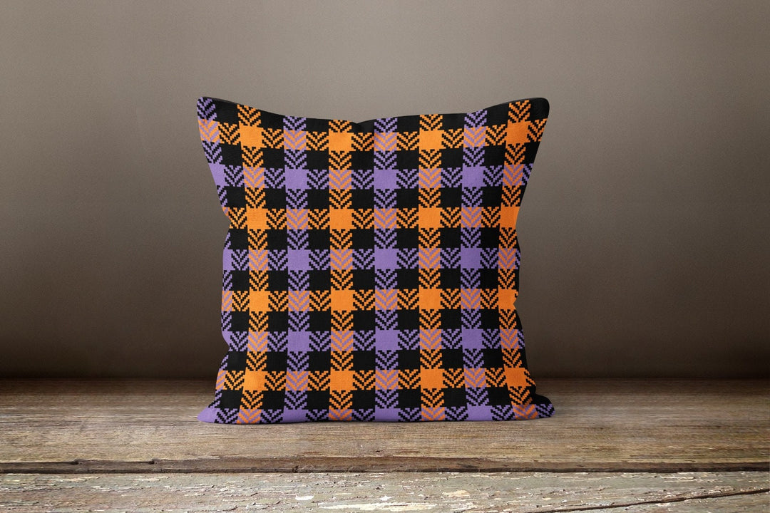 Halloween Pillow Case|Cat Mask Costume Pillow|Autumn Cushion Case|Orange Pumpkin Throw Pillow|Plaid Fall Colors Home Decor|Outdoor Pillow