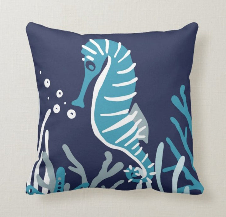 Nautical Pillow Case|Sea Turtle Seahorse Pillow Cover|Decorative Turquoise Cushion Case|Coastal Throw Pillow|Blue Fish Coastal Pillow Top