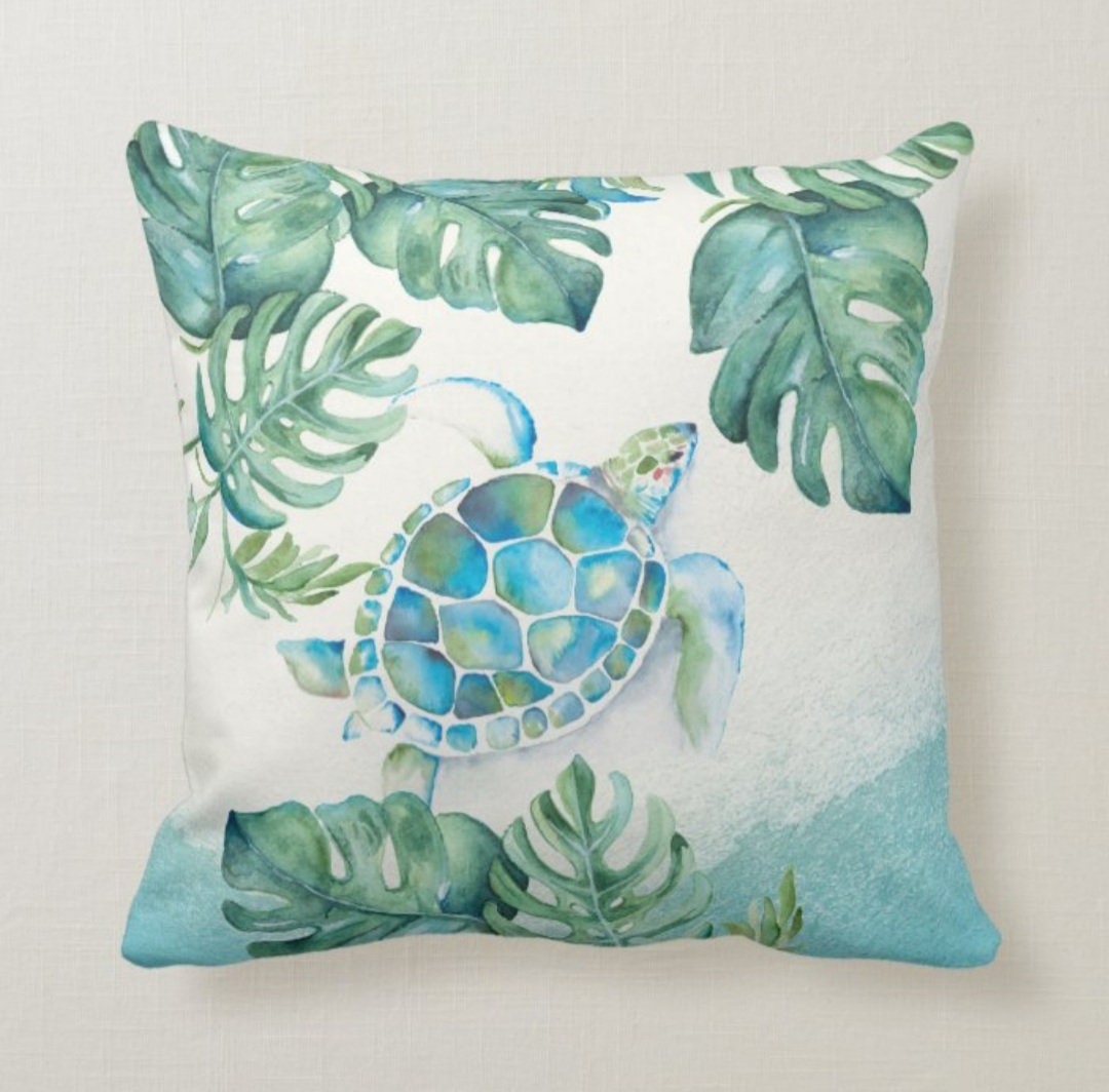 Nautical Pillow Case|Sea Turtle Seahorse Pillow Cover|Decorative Turquoise Cushion Case|Coastal Throw Pillow|Blue Fish Coastal Pillow Top