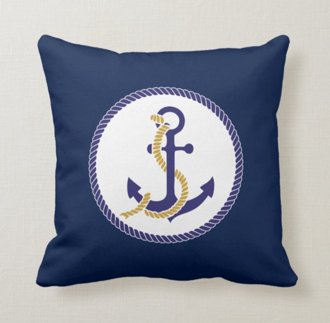 Nautical Pillow Cover|Anchor Throw Pillow Case|Navy Marine Pillow|Decorative Anchor and Life Saver Cushion Case|Coastal Beach House Pillow