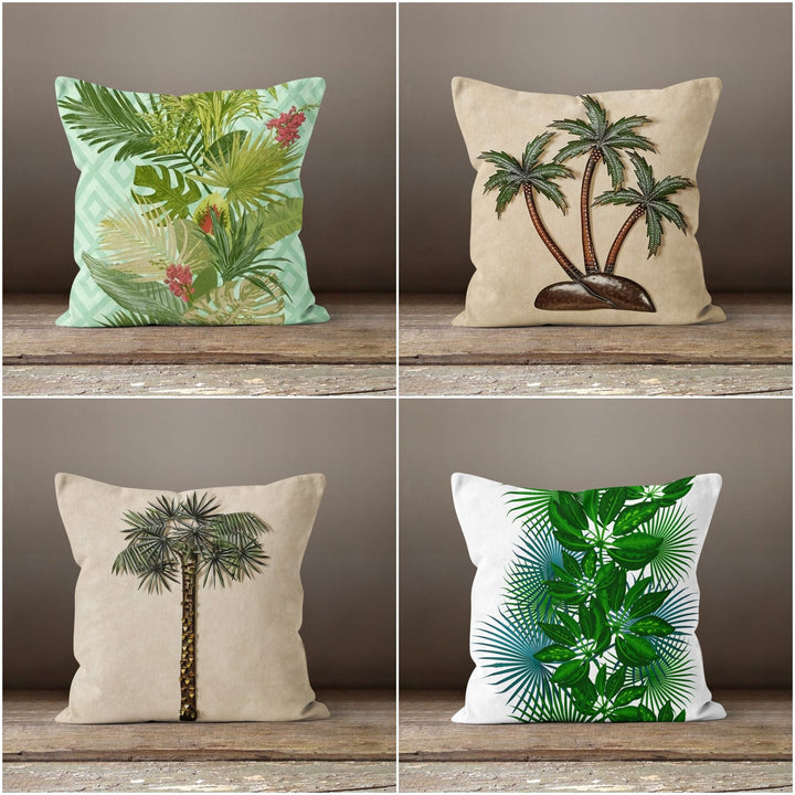 Plants Pillow Cover|Green Leaves Cushion Case|Beige Brown Home Decor|Decorative Pillow Case|Boho Bedding Decor|Housewarming Palm Tree Pillow