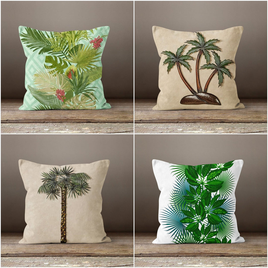 Plants Pillow Cover|Green Leaves Cushion Case|Beige Brown Home Decor|Decorative Pillow Case|Boho Bedding Decor|Housewarming Palm Tree Pillow