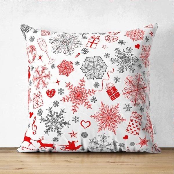 Snowflake Pillow Cover|Winter Home Decor|Suede Winter Cushion Case|Housewarming Gift|Decorative Snowflake Throw Pillow Top|Red White Pillow