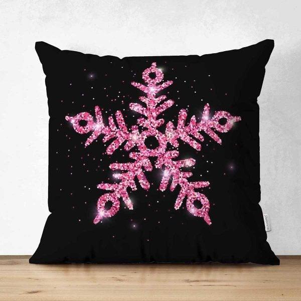 Snowflake Pillow Cover|Winter Home Decor|Suede Winter Cushion Case|Housewarming Gift|Decorative Snowflake Throw Pillow Top|Pink Black Pillow