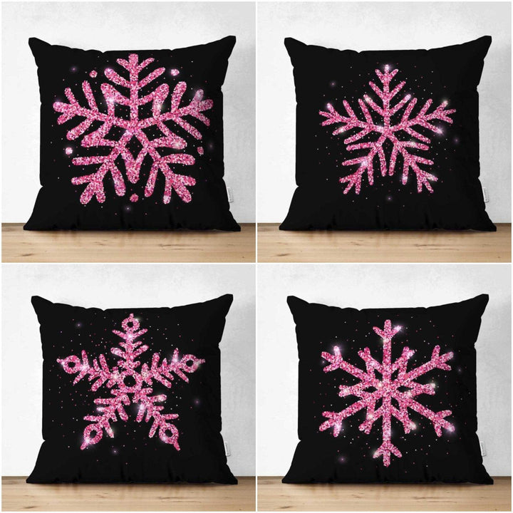 Snowflake Pillow Cover|Winter Home Decor|Suede Winter Cushion Case|Housewarming Gift|Decorative Snowflake Throw Pillow Top|Pink Black Pillow