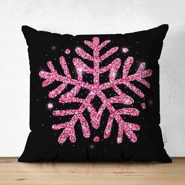 Snowflake Pillow Cover|Winter Home Decor|Suede Winter Cushion Case|Housewarming Gift|Decorative Snowflake Throw Pillow Top|Pink Black Pillow