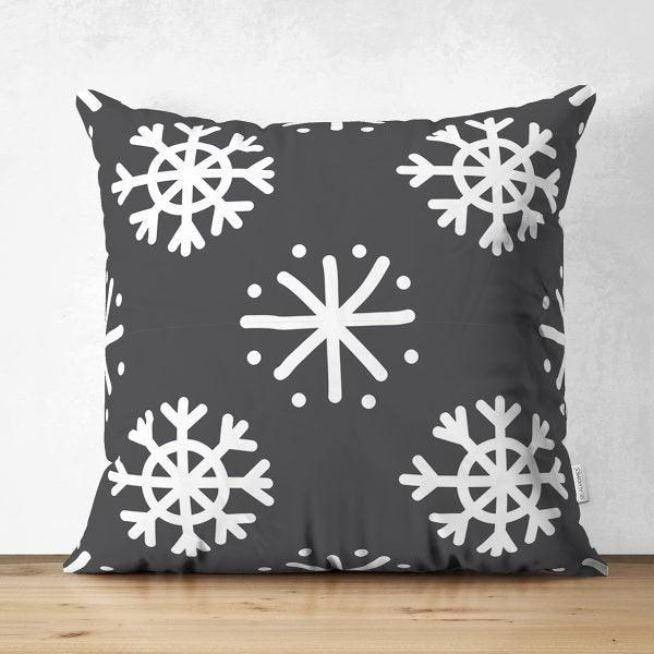 Snowflake Pillow Cover|Winter Home Decor|Suede Winter Cushion Case|Housewarming Gift|Decorative Snowflake Throw Pillow Top|Black Pillow Case