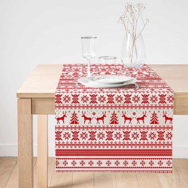 Christmas Table Runner|Winter Table Top|Red White Home Decor|Xmas Deer, Xmas Tree Table Top|Farmhouse Tablecloth|Christmas Kitchen Decor