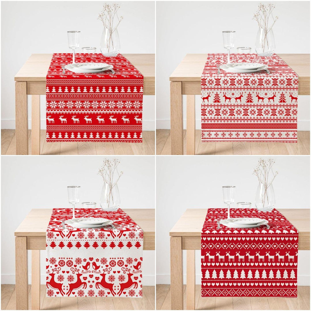 Christmas Table Runner|Winter Table Top|Red White Home Decor|Xmas Deer, Xmas Tree Table Top|Farmhouse Tablecloth|Christmas Kitchen Decor