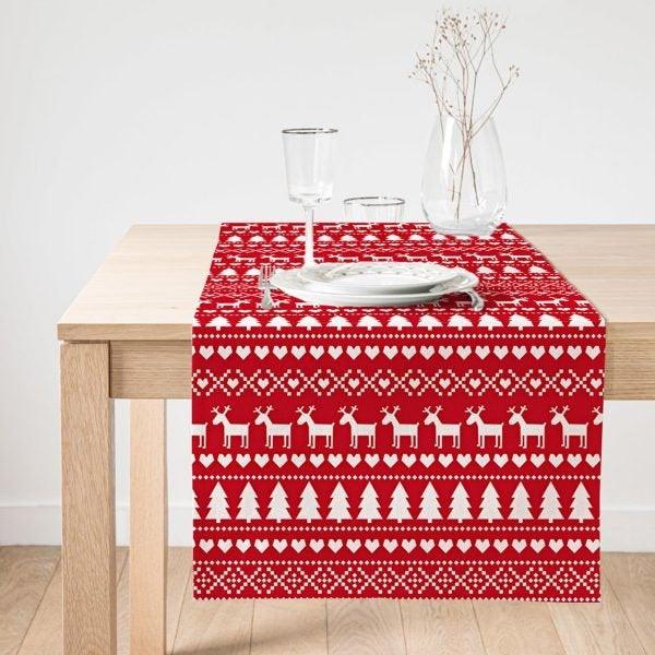 Christmas Table Runner|Winter Table Top|Red White Home Decor|Xmas Deer, Xmas Tree Table Top|Farmhouse Tablecloth|Christmas Kitchen Decor