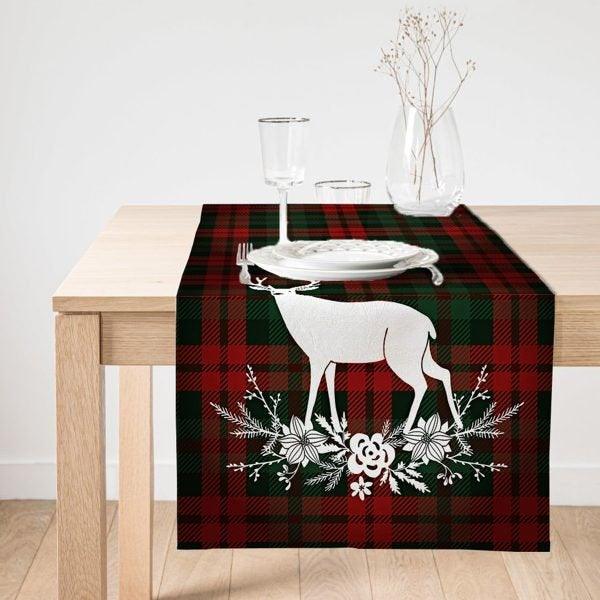 Christmas Table Runner|Winter Trend Table Top|Merry Christmas Home Decor|Checkered Xmas Deer, Xmas Tree Table Decor|Christmas Kitchen Decor