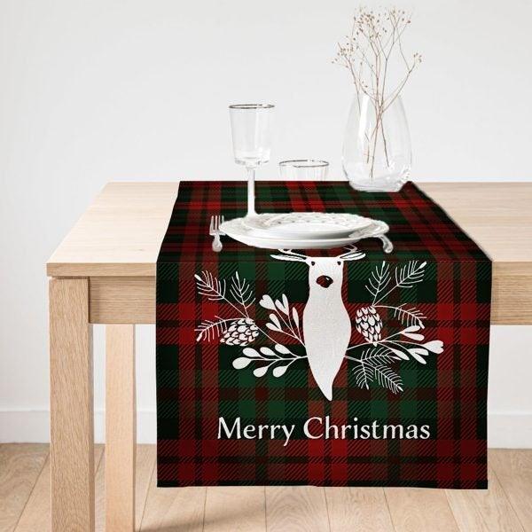 Christmas Table Runner|Winter Trend Table Top|Merry Christmas Home Decor|Checkered Xmas Deer, Xmas Tree Table Decor|Christmas Kitchen Decor