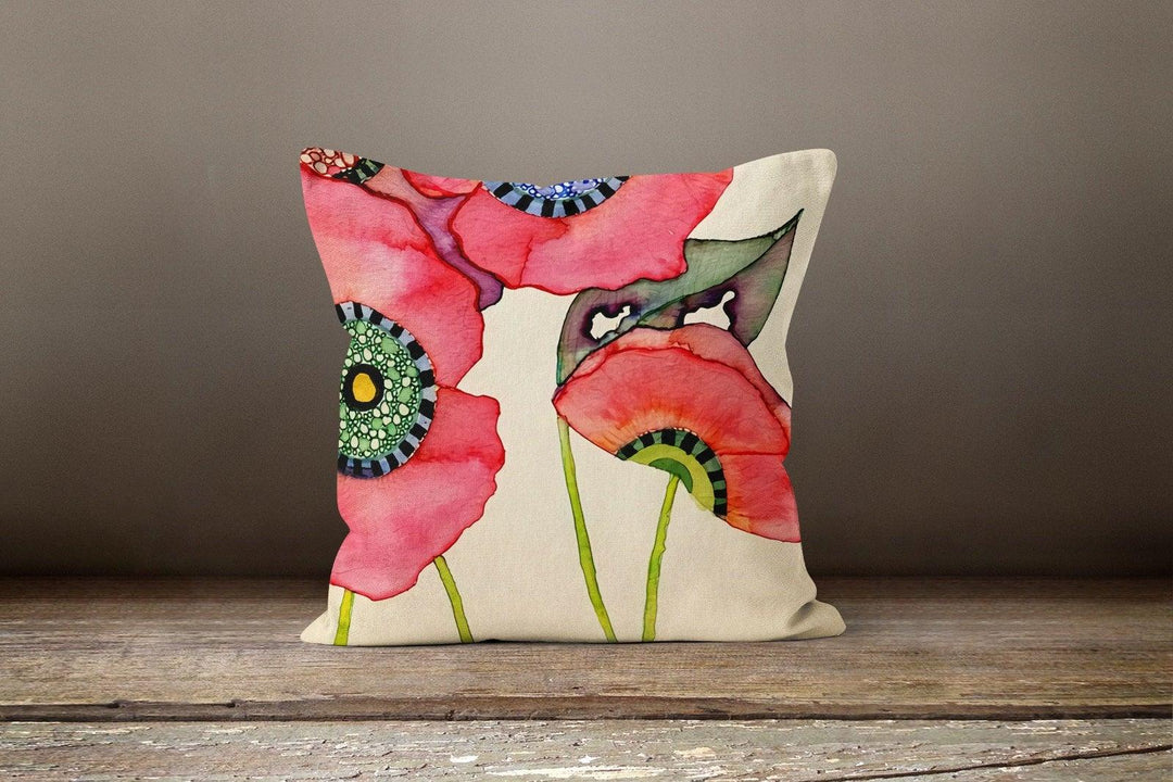 Red Poppy Pillow Covers|Red Floral Cushion Cases|Decorative Poppy Throw Pillow|Boho Bedding Decor|Farmhouse Style Housewarming Pillow Cases