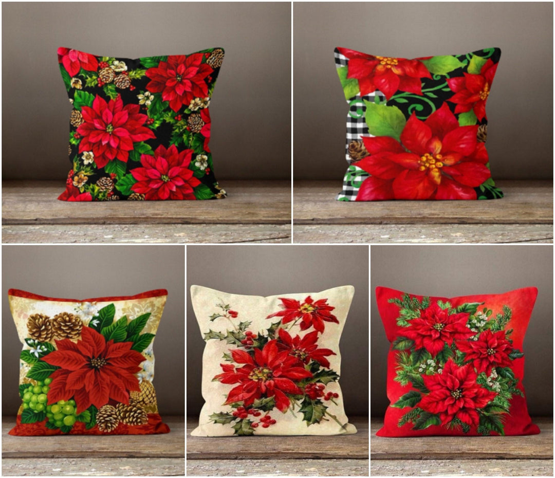 Christmas Flower Pillow|Xmas Red Poinsettia Cushion Case|Winter Trend Pillow Top|Valentine's Day Gift|Housewarming Christmas Home Decor