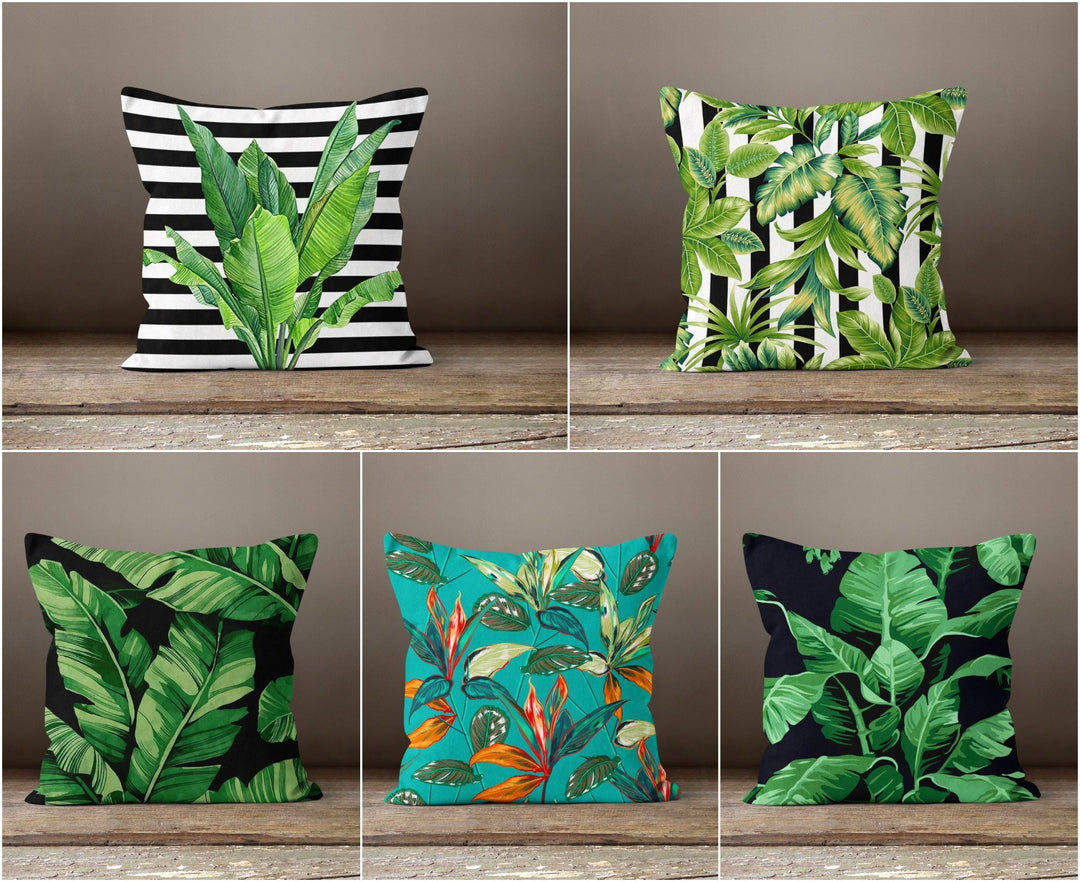 Plants Pillow Cover|Green Leaves Cushion Case|Striped Leaves Decor|Decorative Pillow Case|Boho Bedding Decor|Housewarming Palm Tree Pillow