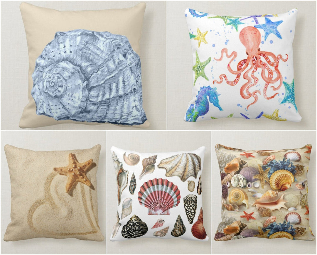 Beach House Pillow Case|Seashells Pillow Cover|Decorative Nautical Cushions|Coastal Throw Pillow|Octopus Home Decor|Starfish Pillow Cover