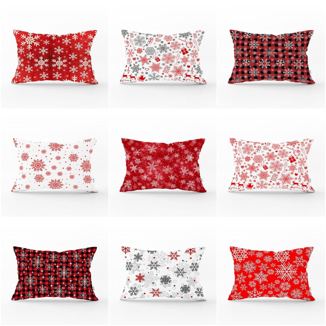 Snowflake Pillow Cover|Winter Home Decor|Rectangle Winter Cushion Case|Housewarming Gift|Decorative Snowflake Throw Pillow|Red White Pillow