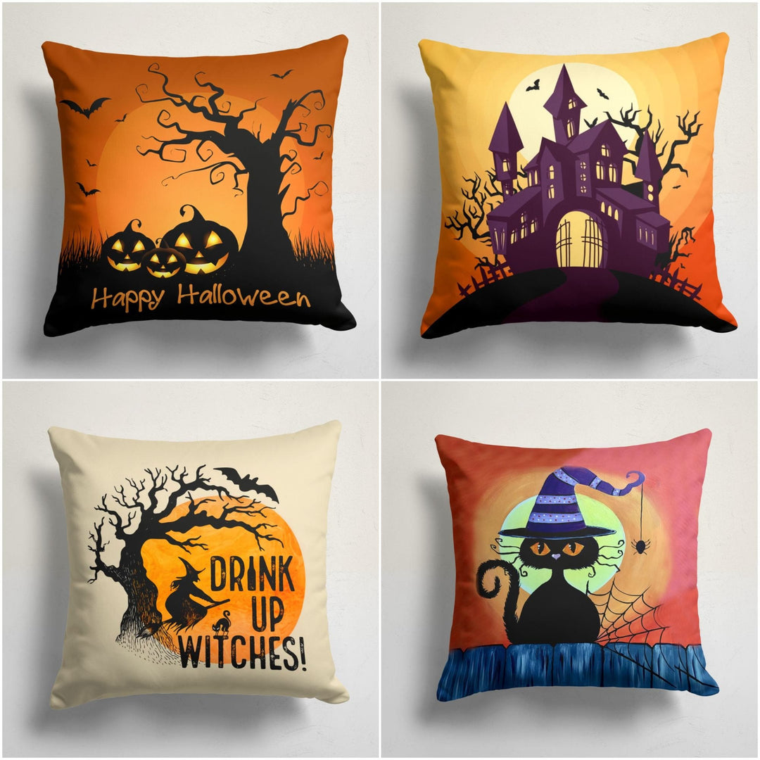 Halloween Pillow Case|Haunted House Pillow Cover|Cat with Witch Hat|Happy Halloween Throw Pillow|Witch Home Decor|Carved Pumpkin Pillow Sham