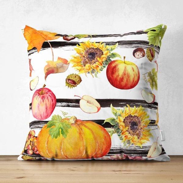 Pumpkin Pillow Case|Fall Trend Suede Cushion Case|Striped Pumpkin and Sunflower Throw Pillow|Decorative Pillow|Farmhouse Thanksgiving Pillow