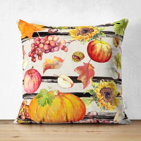 Pumpkin Pillow Case|Fall Trend Suede Cushion Case|Striped Pumpkin and Sunflower Throw Pillow|Decorative Pillow|Farmhouse Thanksgiving Pillow