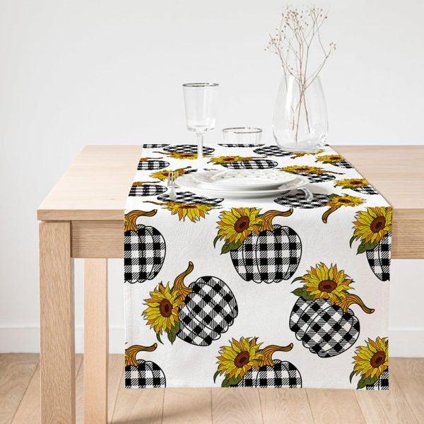 Fall Trend Table Runner|Hello Fall Pumpkin Table Runner|Checkered Autumn Home Decor|Farmhouse Sunflower Table Runner|Pumpkin Tablecloth