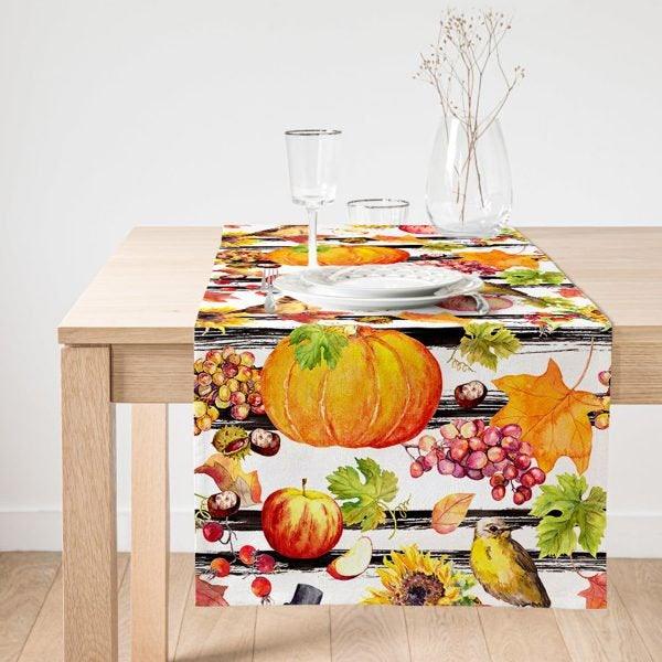 Fall Trend Table Runner|Striped Pumpkin Table Runner|Floral Pumpkin Home Decor|Farmhouse Tabletop|Pumpkin Sunflower Fruit Crow Tablecloth