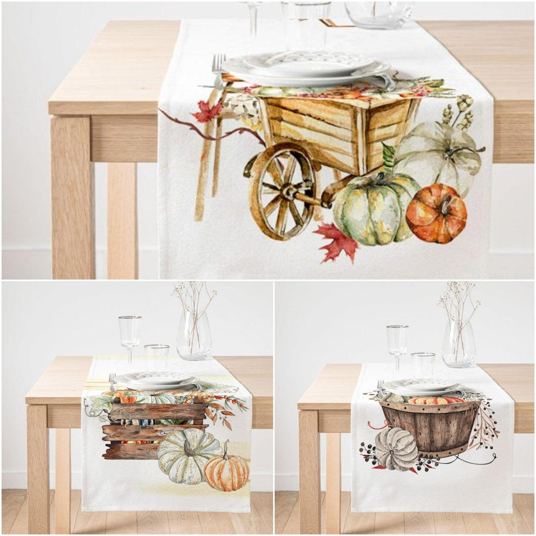 Fall Trend Table Runner|Pumpkin Wheelbarrow Table Runner|Orange and Green Pumpkin Decor|Farmhouse Table Top|Gray Pumpkin Autumn Tablecloth