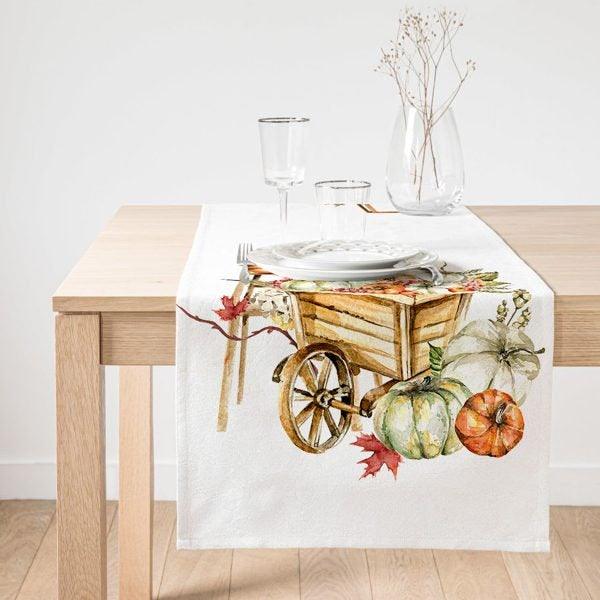 Fall Trend Table Runner|Pumpkin Wheelbarrow Table Runner|Orange and Green Pumpkin Decor|Farmhouse Table Top|Gray Pumpkin Autumn Tablecloth