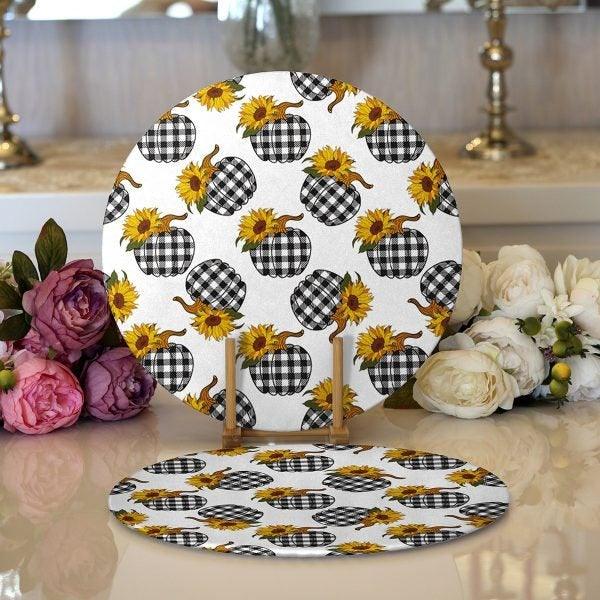 Fall Trend Placemat|Set of 2 Pumpkin Supla Table Mat|Checkered Pumpkin Round American Service Dining Underplate|Farmhouse Style Coasters