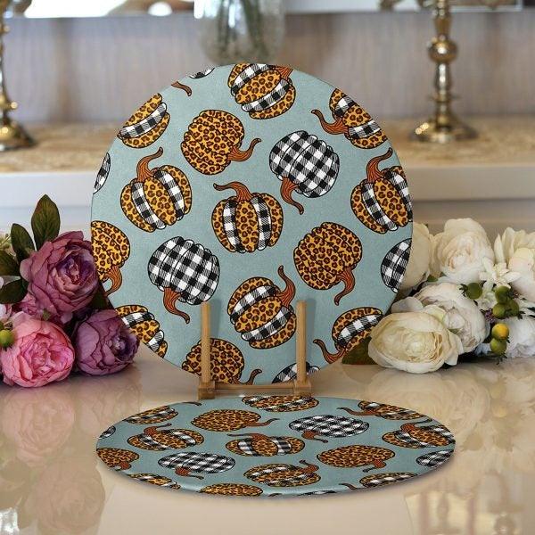 Fall Trend Placemat|Set of 2 Pumpkin Supla Table Mat|Checkered Pumpkin Round American Service Dining Underplate|Farmhouse Style Coasters