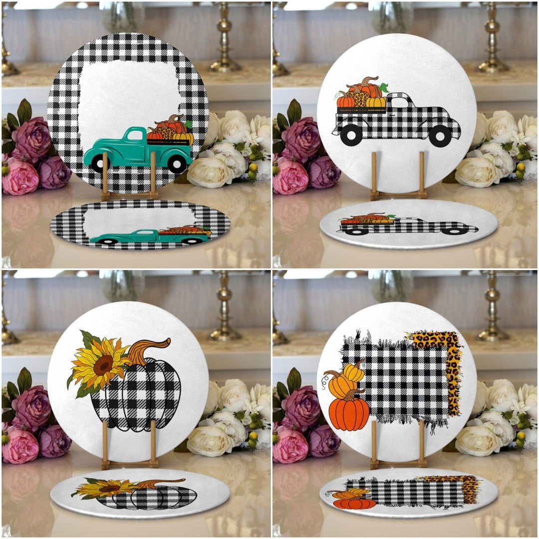 Fall Trend Placemat|Set of 2 Pumpkin Supla Table Mat|Checkered Pumpkin Round American Service Dining Underplate|Farmhouse Sunflower Coasters