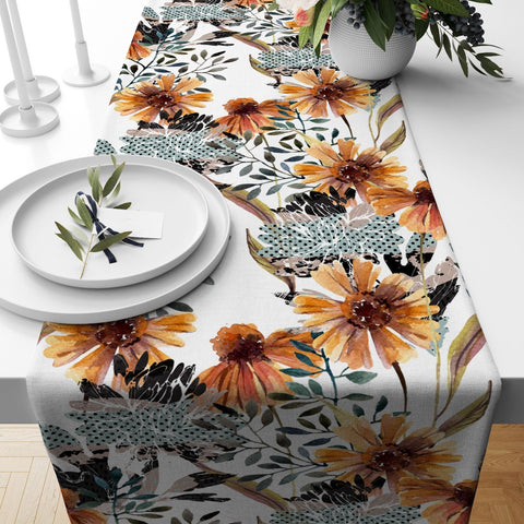 Fall Trend Table Runner|Dry Flowers and Leaves Table Runner|Autumn Home Decor|Farmhouse Style Table Top|Housewarming Fall Themed Tablecloth