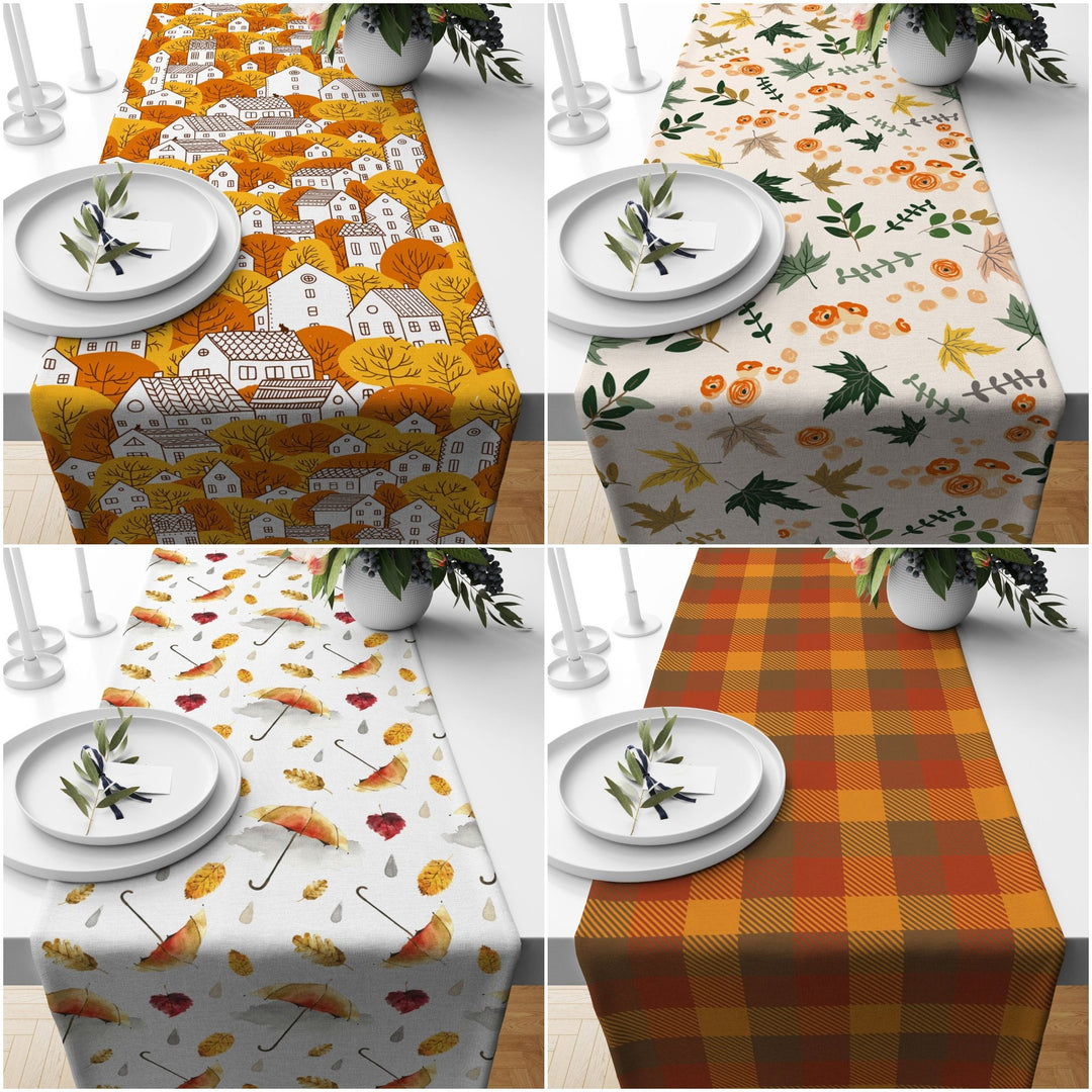 Fall Trend Table Runner|Houses with Fall Trees Table Runner|Autumn Home Decor|Farmhouse Style Table Top|Housewarming Fall Themed Tablecloth