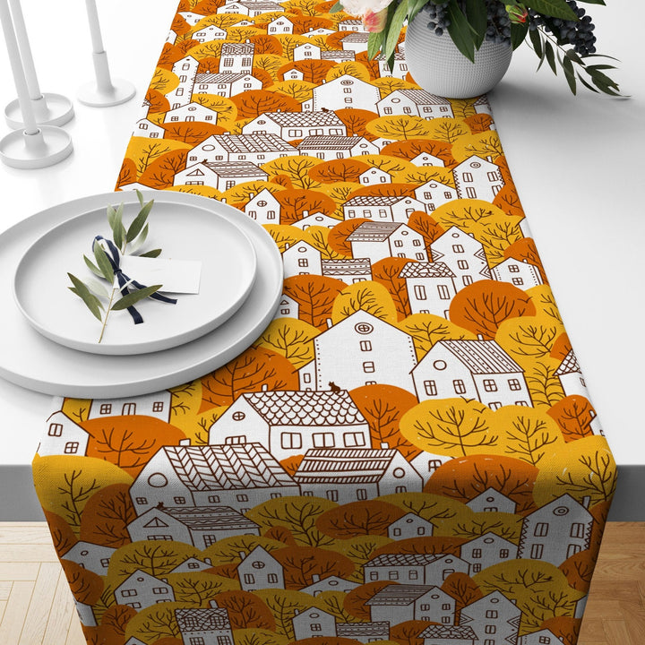 Fall Trend Table Runner|Houses with Fall Trees Table Runner|Autumn Home Decor|Farmhouse Style Table Top|Housewarming Fall Themed Tablecloth