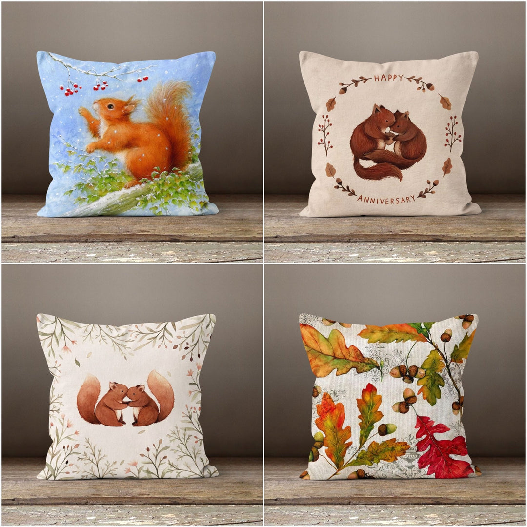 Fall Trend Pillow Cover|Autumn Cushion Case|Squirrel and Acorn Home Decor|Leaves Print Throw Pillow|Housewarming Farmhouse Style Pillow Case