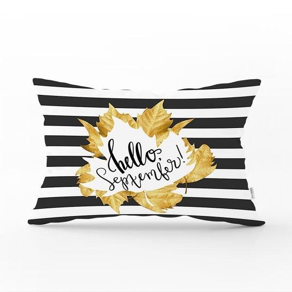 Fall Trend Pillow Cover|Rectangle Dry Leaves Cushion Case|Decorative Striped Autumn Throw Pillow|Farmhouse Style Hello September Cushion