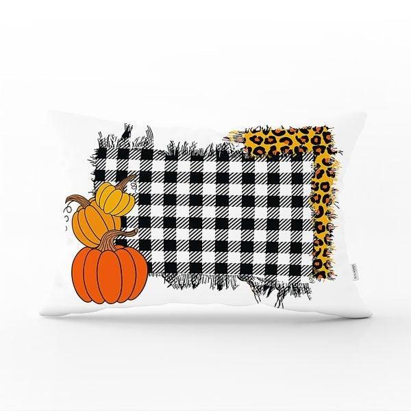 Fall Trend Pillow Cover|Rectangle Pumpkin Cushion Case|Checkered Orange Red Yellow Pumpkin Throw Pillow|Farmhouse Style Thanksgiving Cushion